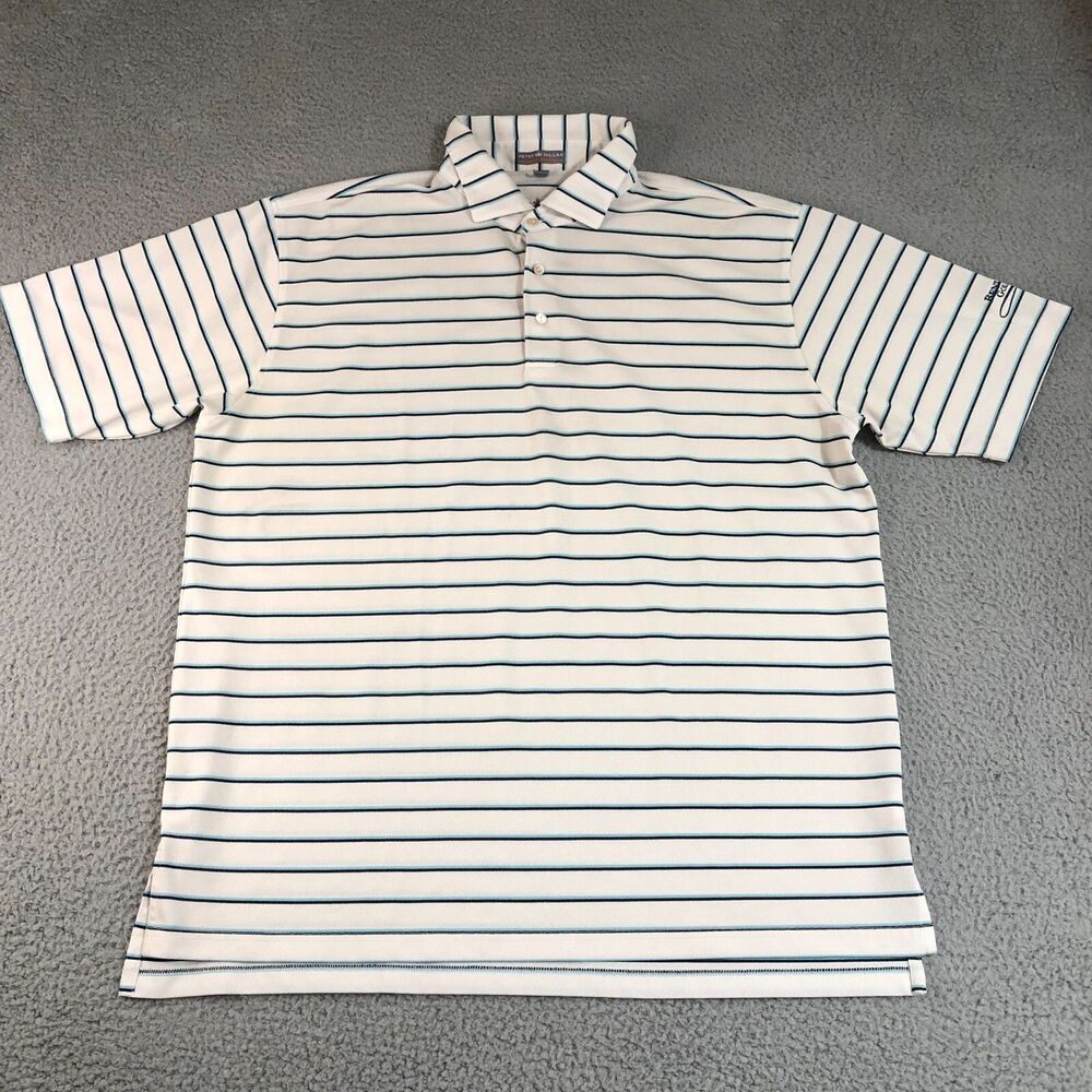 Peter Millar Shirt Men Extra Large White Preppy Polo Blue Striped Golf Slit Logo